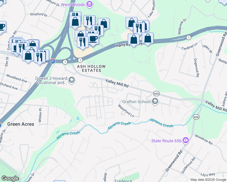map of restaurants, bars, coffee shops, grocery stores, and more near 136 Brookland Court in Winchester