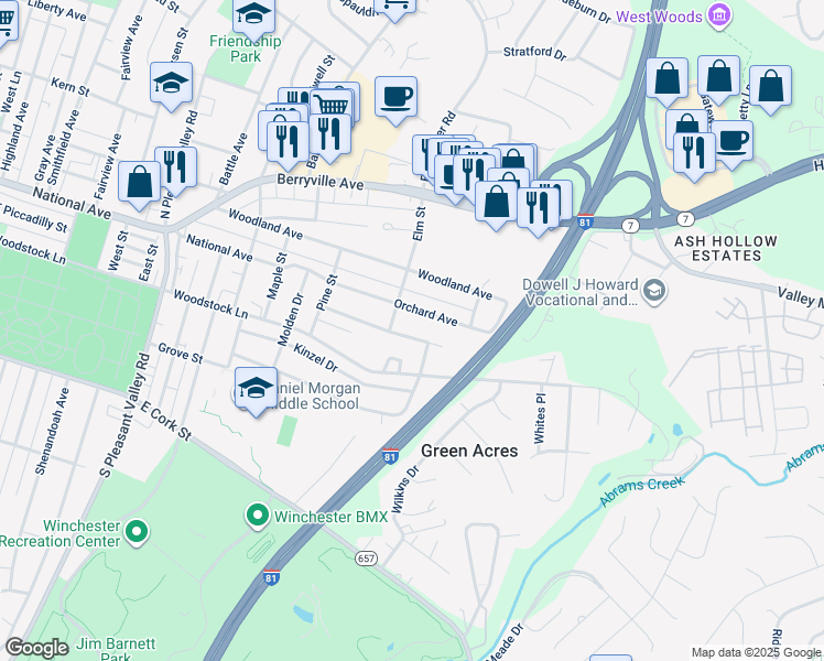map of restaurants, bars, coffee shops, grocery stores, and more near 1016 Franklin Street in Winchester