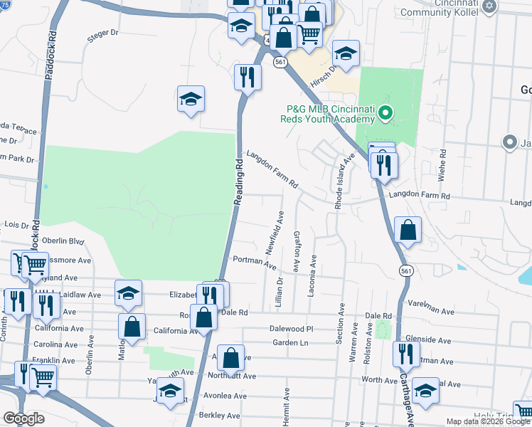 map of restaurants, bars, coffee shops, grocery stores, and more near 5410 Carrahen Ct in Cincinnati