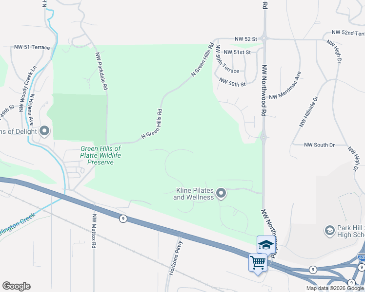map of restaurants, bars, coffee shops, grocery stores, and more near 4999 North Green Hills Road in Kansas City
