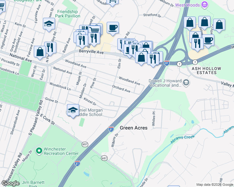 map of restaurants, bars, coffee shops, grocery stores, and more near 1016 Franklin Street in Winchester