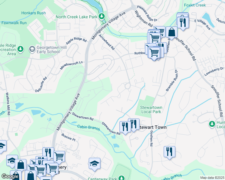 map of restaurants, bars, coffee shops, grocery stores, and more near 9430 Oak Grove Lane in Montgomery Village