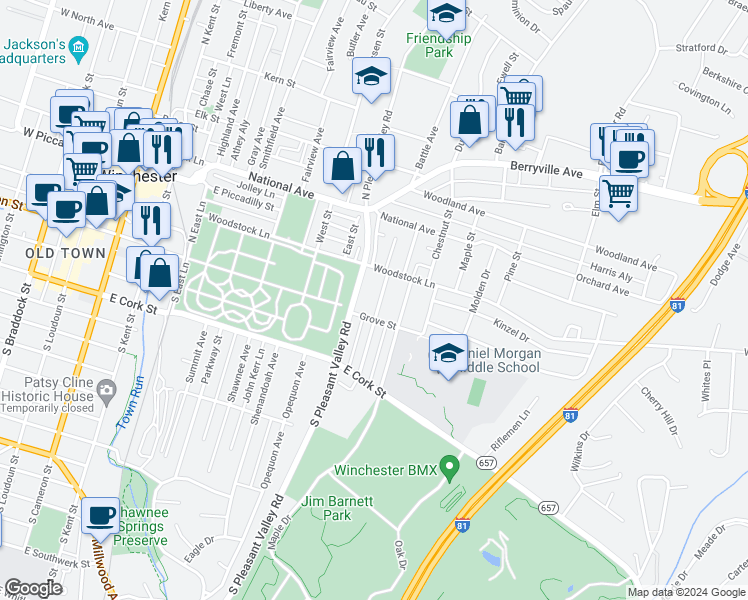 map of restaurants, bars, coffee shops, grocery stores, and more near 25 North Euclid Avenue in Winchester