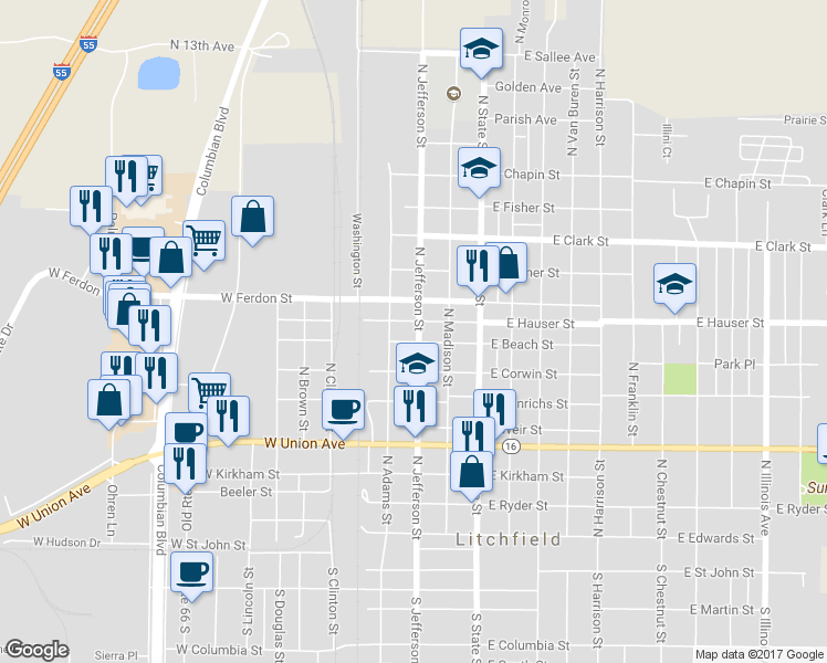 map of restaurants, bars, coffee shops, grocery stores, and more near 911 North Jefferson Street in Litchfield