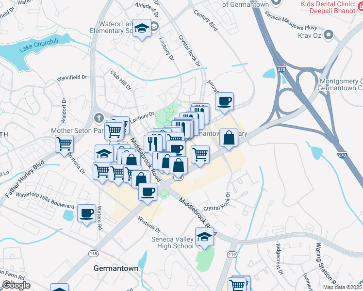 map of restaurants, bars, coffee shops, grocery stores, and more near 19847 Century Boulevard in Germantown