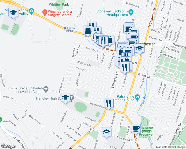 map of restaurants, bars, coffee shops, grocery stores, and more near 317 West Cecil Street in Winchester