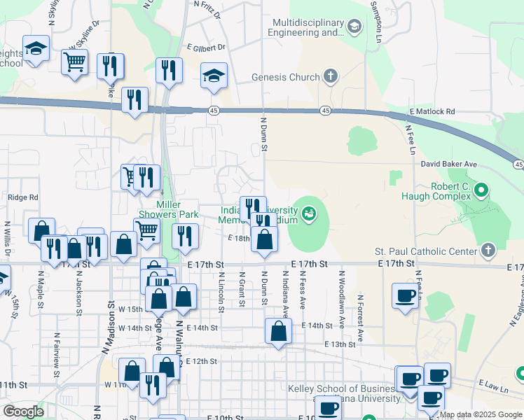 map of restaurants, bars, coffee shops, grocery stores, and more near 404 East 20th Street in Bloomington