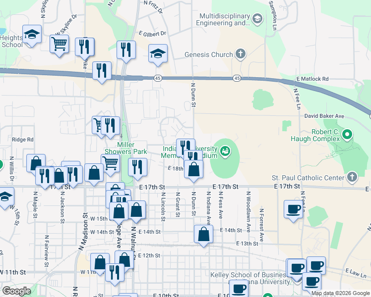 map of restaurants, bars, coffee shops, grocery stores, and more near 404 East 20th Street in Bloomington