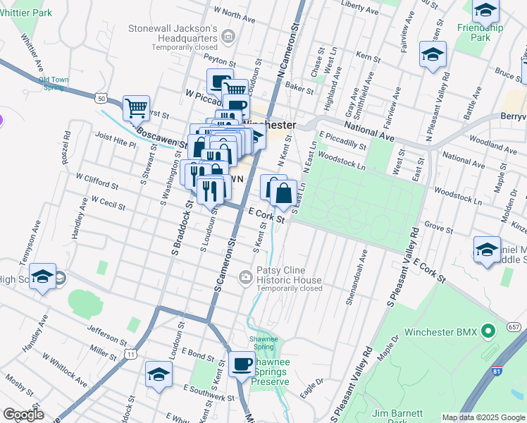map of restaurants, bars, coffee shops, grocery stores, and more near 130 East Cork Street in Winchester