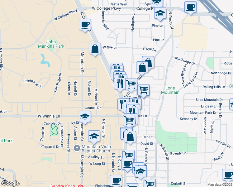 map of restaurants, bars, coffee shops, grocery stores, and more near 2258 North Carson Street in Carson City