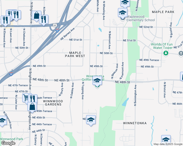map of restaurants, bars, coffee shops, grocery stores, and more near 4817 North Bellaire Avenue in Kansas City