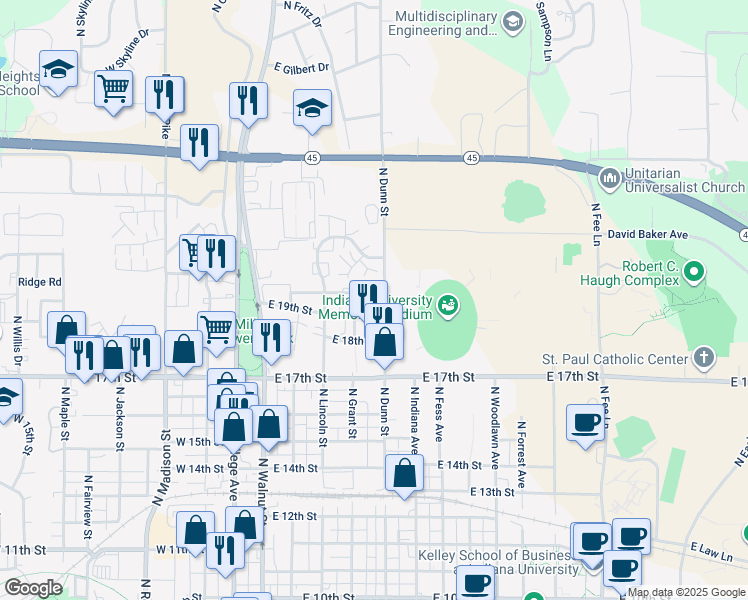 map of restaurants, bars, coffee shops, grocery stores, and more near 406 East 20th Street in Bloomington