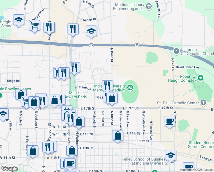 map of restaurants, bars, coffee shops, grocery stores, and more near 404 East 20th Street in Bloomington