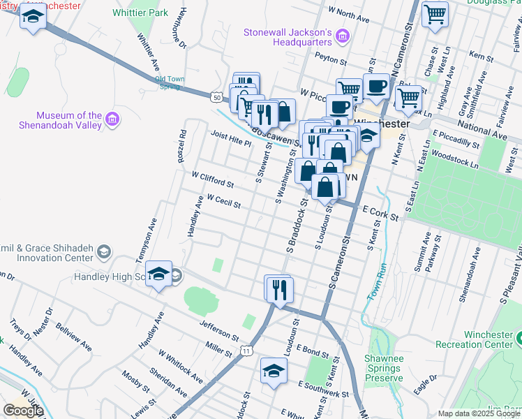 map of restaurants, bars, coffee shops, grocery stores, and more near 222 West Cecil Street in Winchester