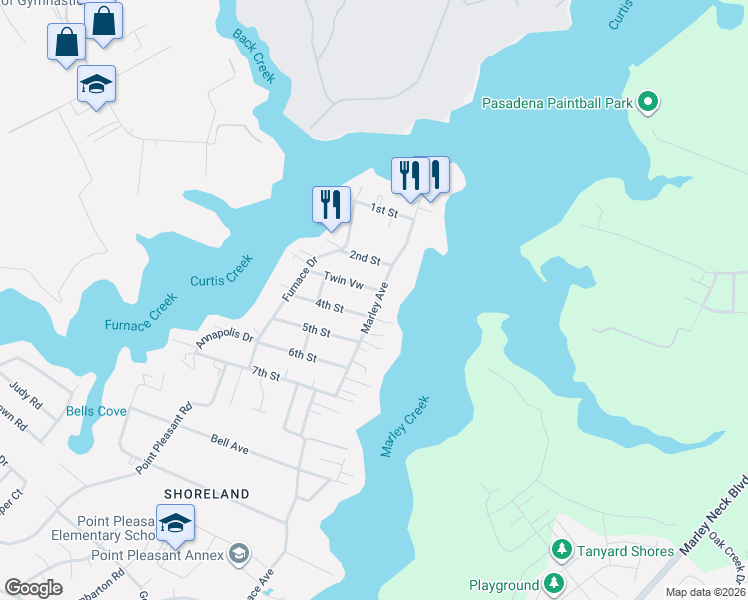map of restaurants, bars, coffee shops, grocery stores, and more near 1660 Marley Avenue in Glen Burnie