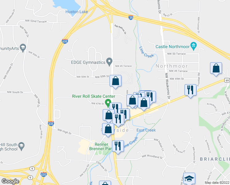 map of restaurants, bars, coffee shops, grocery stores, and more near 4801 Northwest Gateway Avenue in Riverside