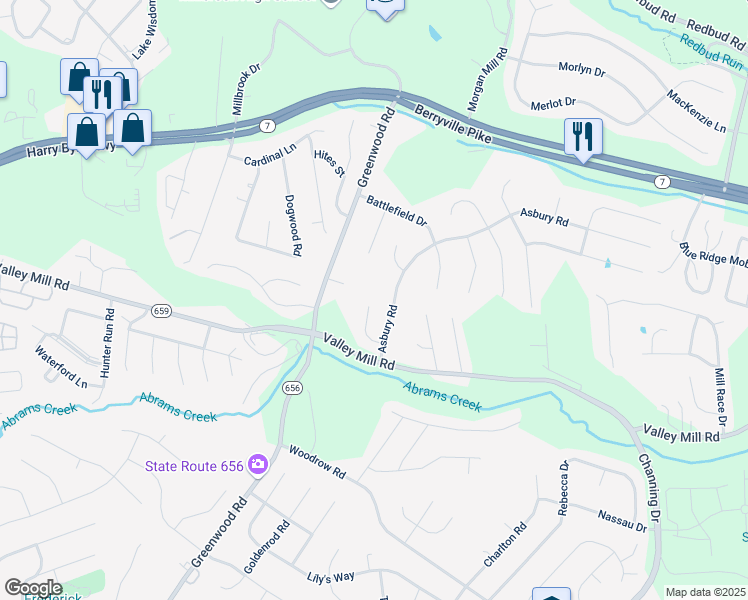 map of restaurants, bars, coffee shops, grocery stores, and more near 118 Asbury Court in Winchester
