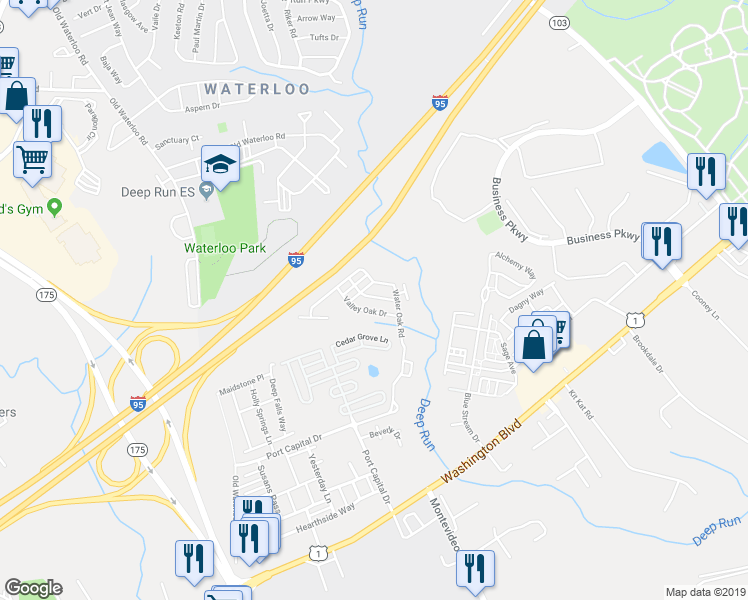 map of restaurants, bars, coffee shops, grocery stores, and more near 7633 Tall Pin Oak Drive in Elkridge
