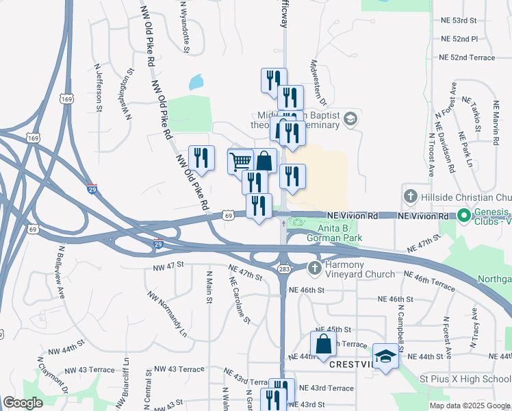map of restaurants, bars, coffee shops, grocery stores, and more near 380 Northeast Vivion Road in Kansas City