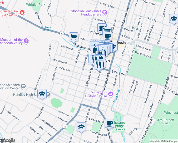 map of restaurants, bars, coffee shops, grocery stores, and more near in Winchester