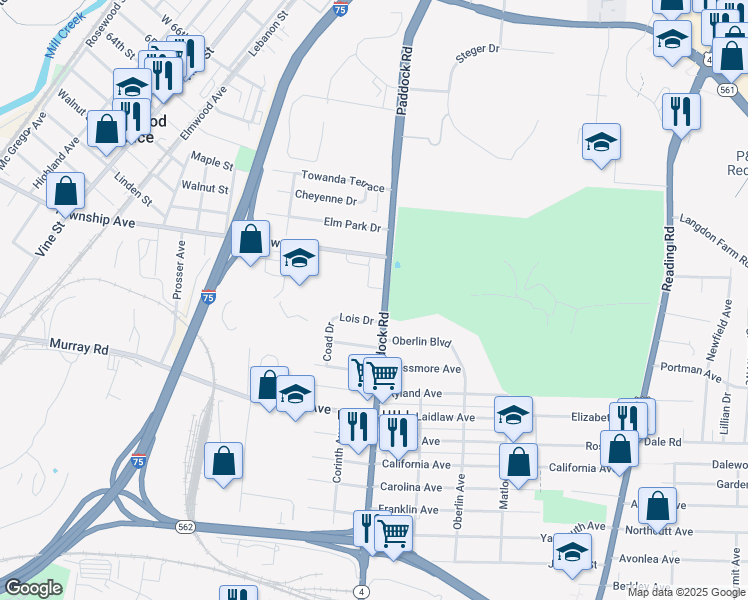 map of restaurants, bars, coffee shops, grocery stores, and more near 5125 Paddock Road in Cincinnati