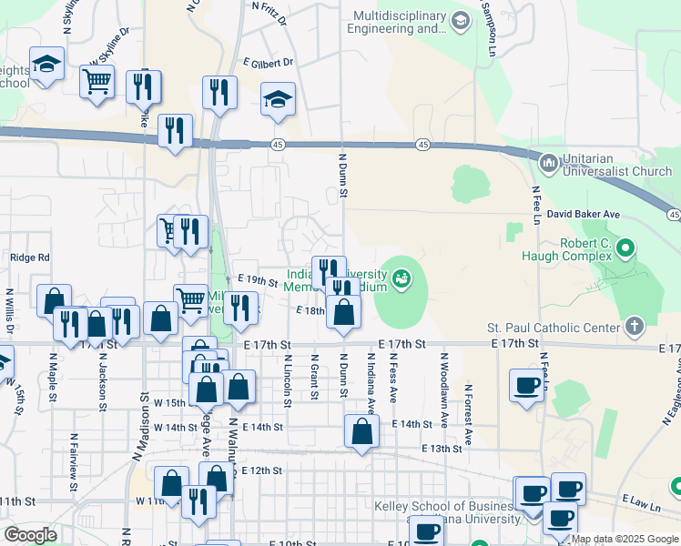 map of restaurants, bars, coffee shops, grocery stores, and more near 404 East 20th Street in Bloomington