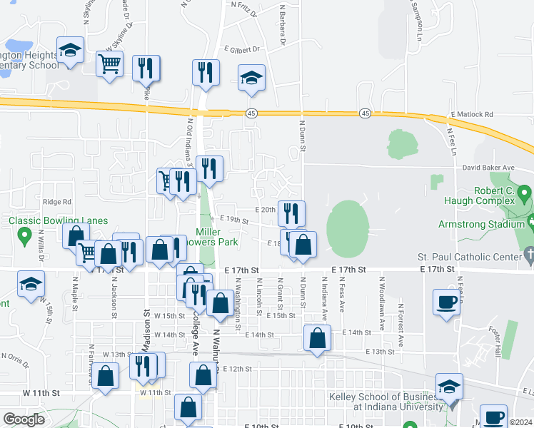map of restaurants, bars, coffee shops, grocery stores, and more near in Bloomington