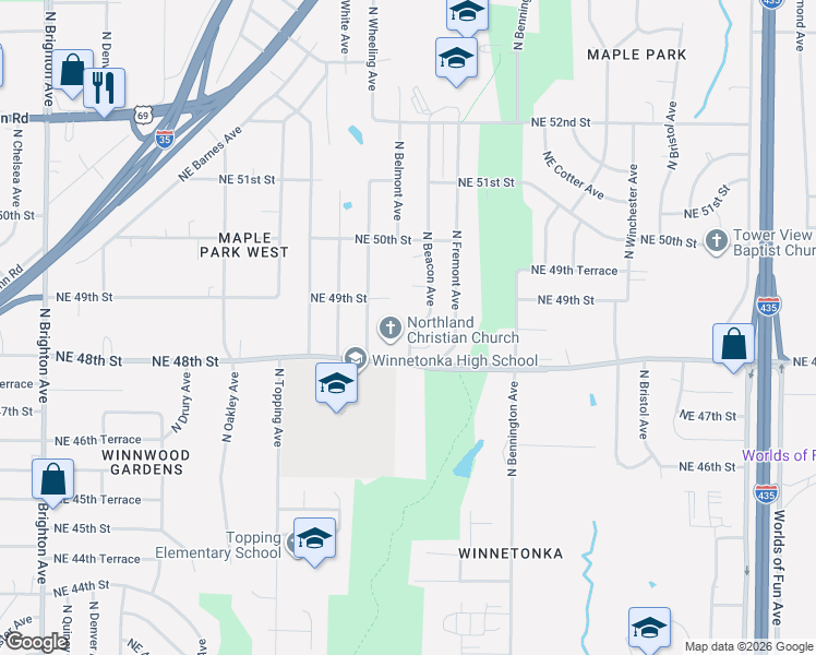 map of restaurants, bars, coffee shops, grocery stores, and more near 4814 North Beacon Avenue in Kansas City