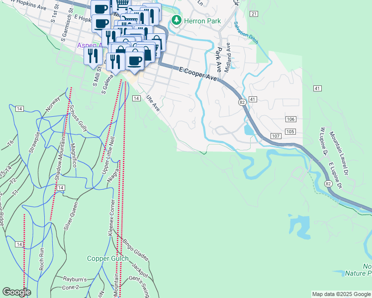 map of restaurants, bars, coffee shops, grocery stores, and more near 1105 Ute Avenue in Aspen