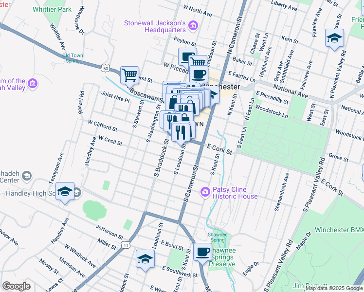 map of restaurants, bars, coffee shops, grocery stores, and more near 219 South Loudoun Street in Winchester