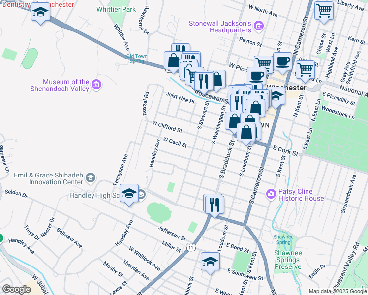 map of restaurants, bars, coffee shops, grocery stores, and more near 317 West Cecil Street in Winchester
