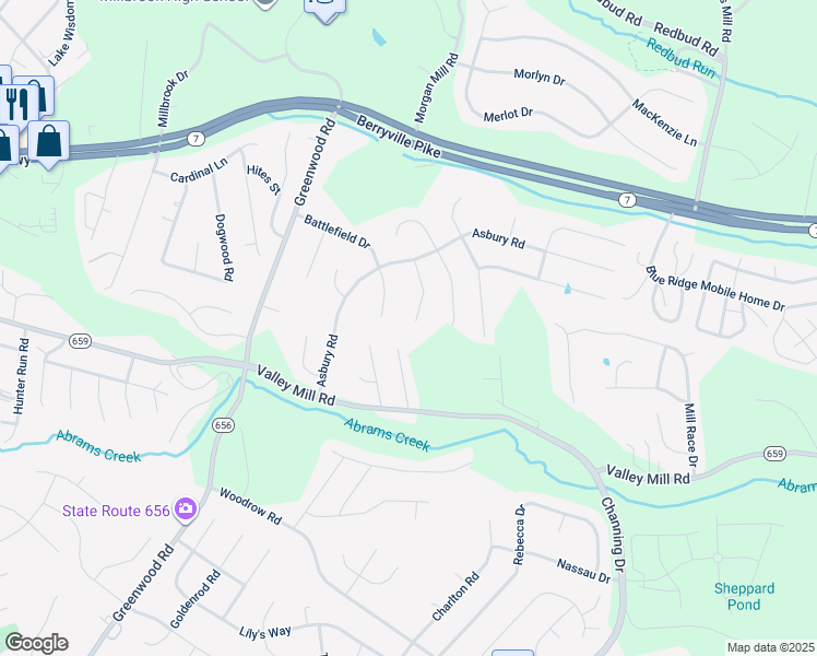 map of restaurants, bars, coffee shops, grocery stores, and more near 118 Rebels Circle in Winchester