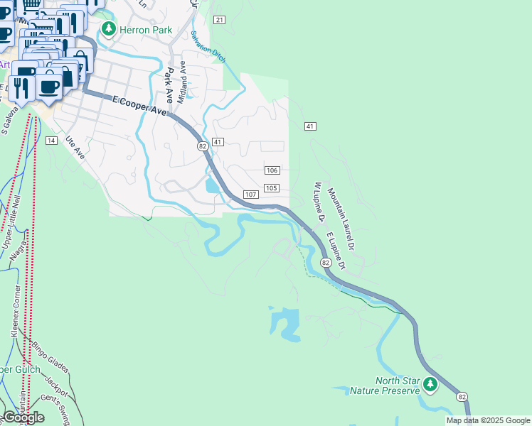 map of restaurants, bars, coffee shops, grocery stores, and more near 42302 Colorado 82 in Aspen