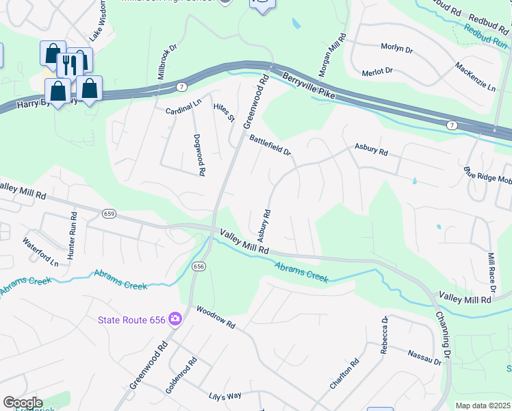 map of restaurants, bars, coffee shops, grocery stores, and more near 118 Asbury Court in Winchester