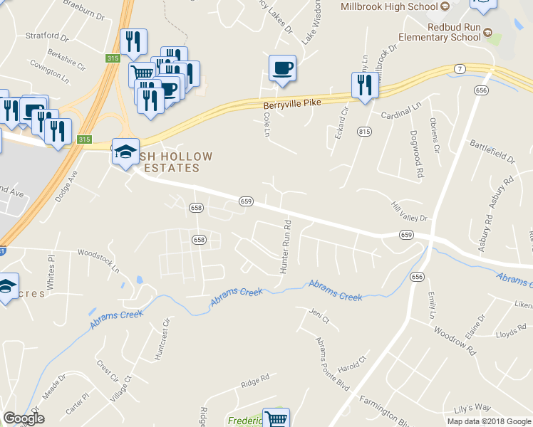 map of restaurants, bars, coffee shops, grocery stores, and more near 354 Valley Mill Road in Winchester