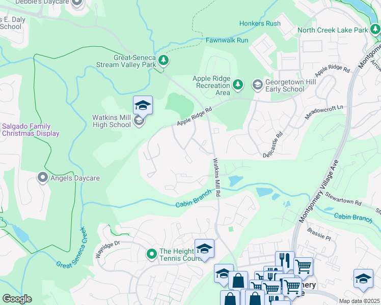 map of restaurants, bars, coffee shops, grocery stores, and more near 19843 Wheelwright Drive in Gaithersburg