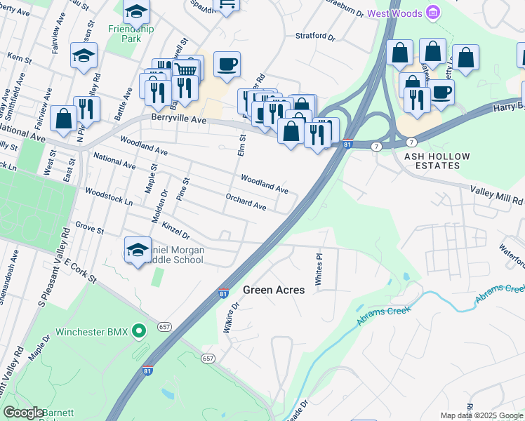map of restaurants, bars, coffee shops, grocery stores, and more near 1049 Orchard Avenue in Winchester