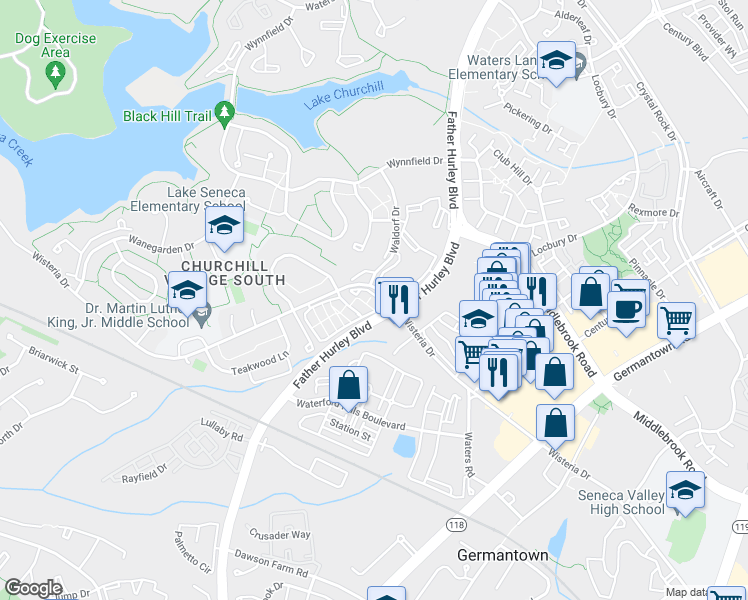 map of restaurants, bars, coffee shops, grocery stores, and more near 13315 Demetrias Way in Germantown