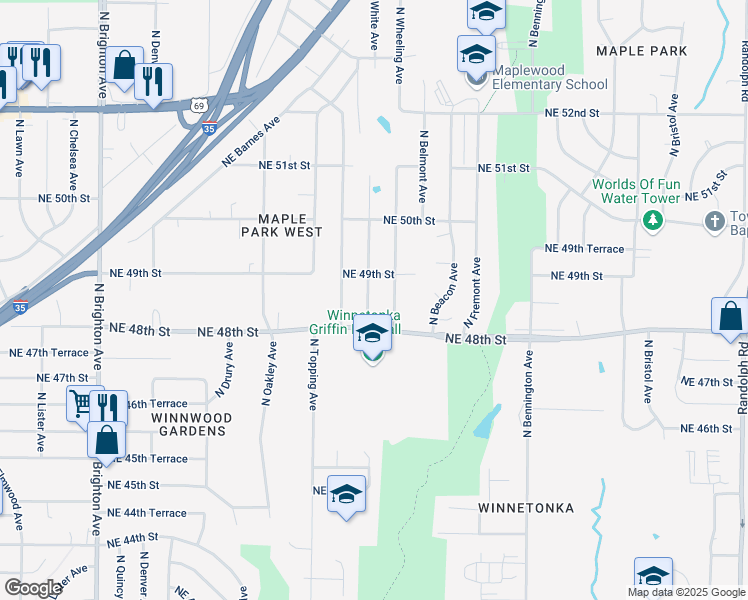map of restaurants, bars, coffee shops, grocery stores, and more near 4821 North White Avenue in Kansas City