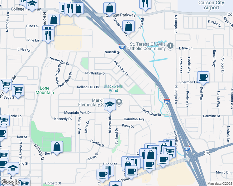 map of restaurants, bars, coffee shops, grocery stores, and more near 1612 Spooner Drive in Carson City
