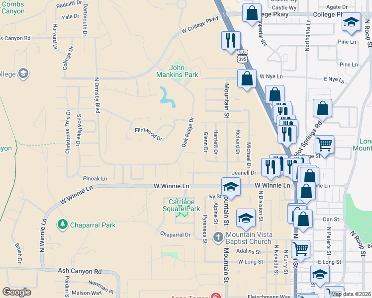 map of restaurants, bars, coffee shops, grocery stores, and more near 1186 Gold Meadow Court in Carson City