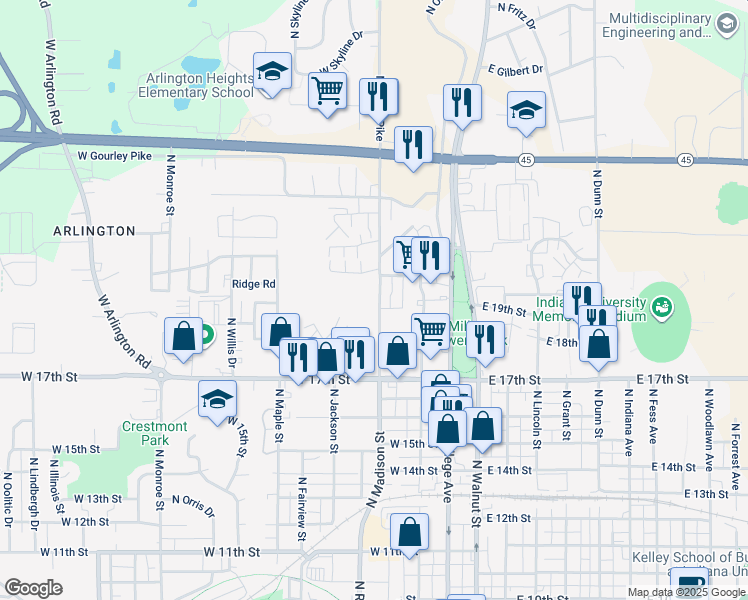 map of restaurants, bars, coffee shops, grocery stores, and more near 1431 North Kinser Pike in Bloomington