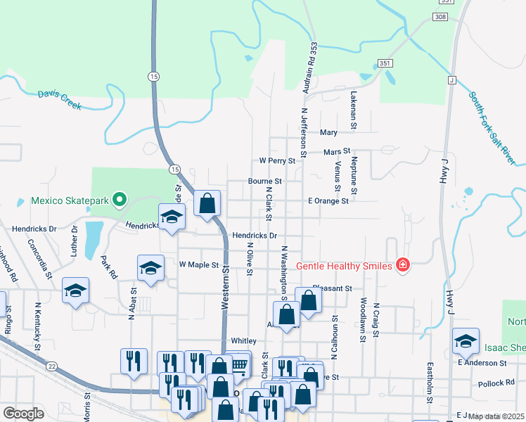 map of restaurants, bars, coffee shops, grocery stores, and more near 201-299 West Vine Street in Mexico