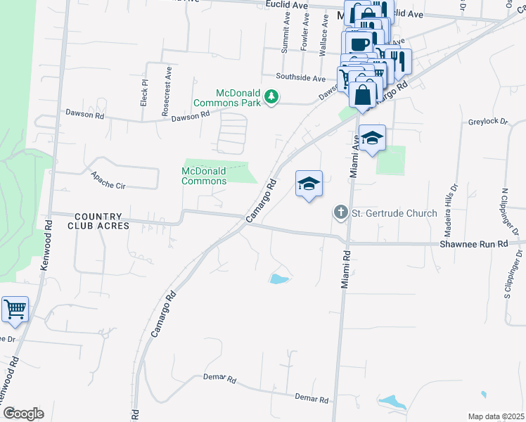 map of restaurants, bars, coffee shops, grocery stores, and more near 7410 Madeira Pines Drive in Cincinnati