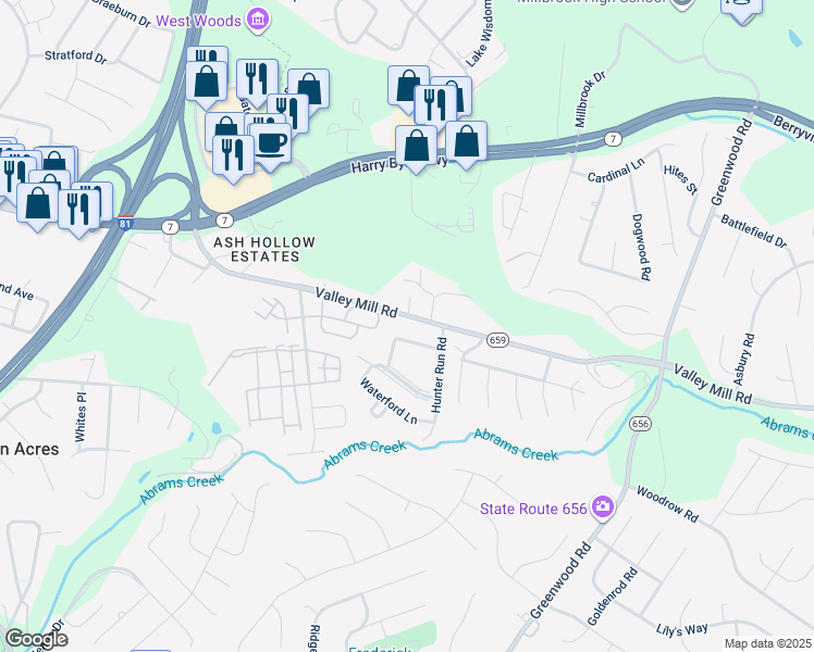 map of restaurants, bars, coffee shops, grocery stores, and more near 350 Valley Mill Road in Winchester