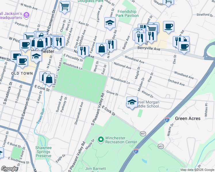 map of restaurants, bars, coffee shops, grocery stores, and more near 25 North Euclid Avenue in Winchester