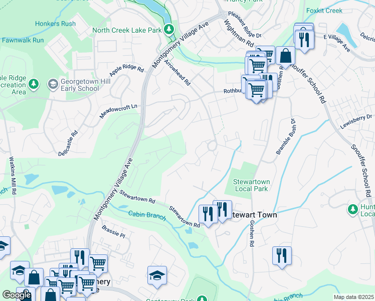 map of restaurants, bars, coffee shops, grocery stores, and more near 9430 Oak Grove Lane in Montgomery Village