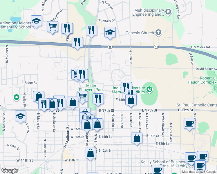 map of restaurants, bars, coffee shops, grocery stores, and more near in Bloomington