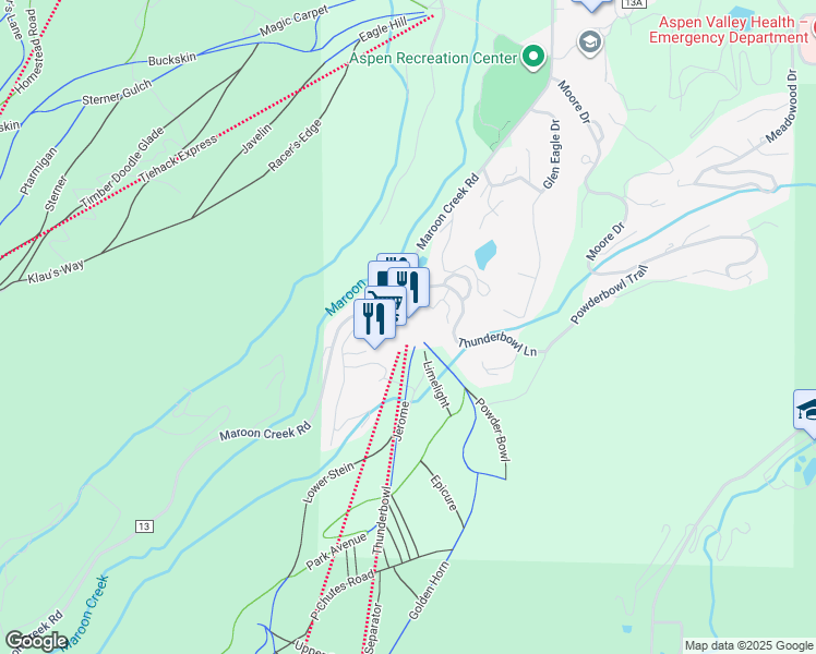 map of restaurants, bars, coffee shops, grocery stores, and more near 133 Prospector Road in Aspen