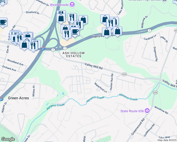 map of restaurants, bars, coffee shops, grocery stores, and more near 136 Brookland Court in Winchester